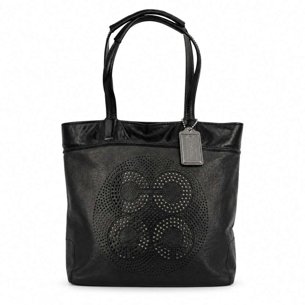 Coach Audrey Perforated Leather Tote Bag Black Grey Large Shoulder Handbag 17041
